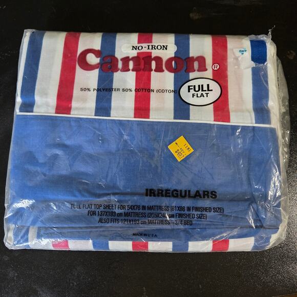 Vintage 70s Cannon No-Iron Red White Blue Full Flat Sheet Irregular USA - Picture 1 of 6